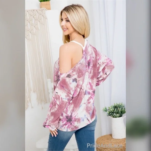 MAUVE TIE DYE ONE SIDE COLD SHOULDER CUFFED LONG SLEEVE TOP - Picture 2 of 7
